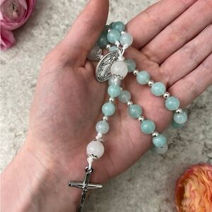 Handmade Catholic Rosary | Silver, Green Angelite | Gemstone Cord Rosary Gift